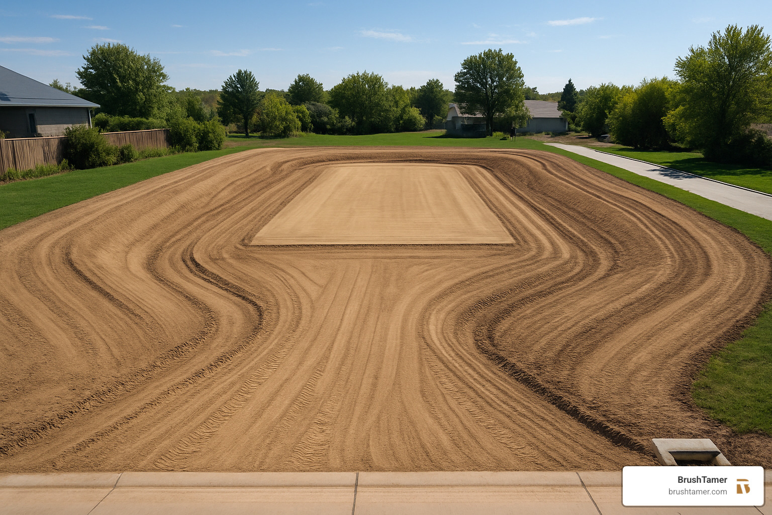 Properly graded residential lot showing clear water runoff paths directing water away from building pad toward designated drainage areas - clearing and grading companies near me Properly graded residential lot showing clear water runoff paths directing water away from building pad toward designated drainage areas - clearing and grading companies near me