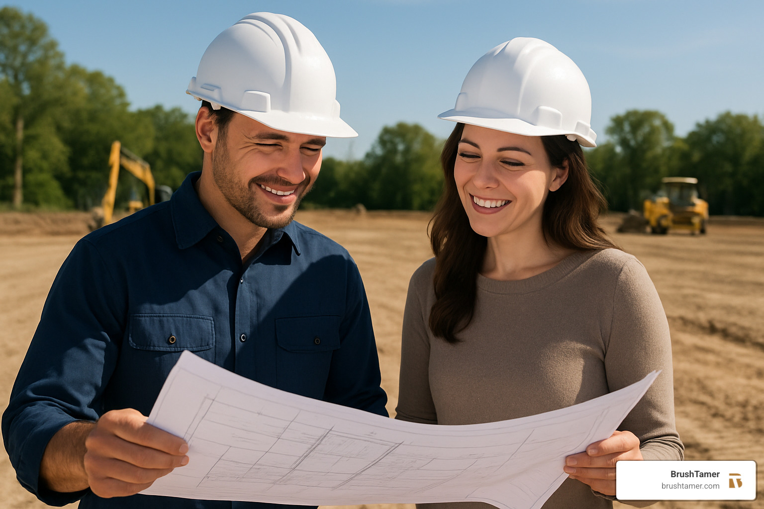 Professional contractor in hard hat discussing site plans with property owner on cleared construction site - clearing and grading companies near me Professional contractor in hard hat discussing site plans with property owner on cleared construction site - clearing and grading companies near me