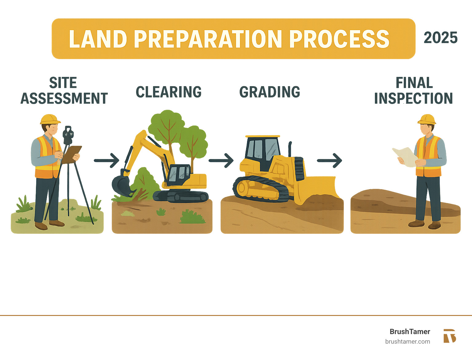 Infographic showing the 5 key stages of professional land preparation: Site Assessment with surveyor examining terrain, Clearing phase with equipment removing vegetation, Grading phase with bulldozer creating proper slopes, Compaction phase with heavy machinery stabilizing soil, and Final Inspection with contractor reviewing completed work - all stages connected by arrows showing the sequential process - clearing and grading companies near me infographic  Infographic showing the 5 key stages of professional land preparation: Site Assessment with surveyor examining terrain, Clearing phase with equipment removing vegetation, Grading phase with bulldozer creating proper slopes, Compaction phase with heavy machinery stabilizing soil, and Final Inspection with contractor reviewing completed work - all stages connected by arrows showing the sequential process - clearing and grading companies near me infographic