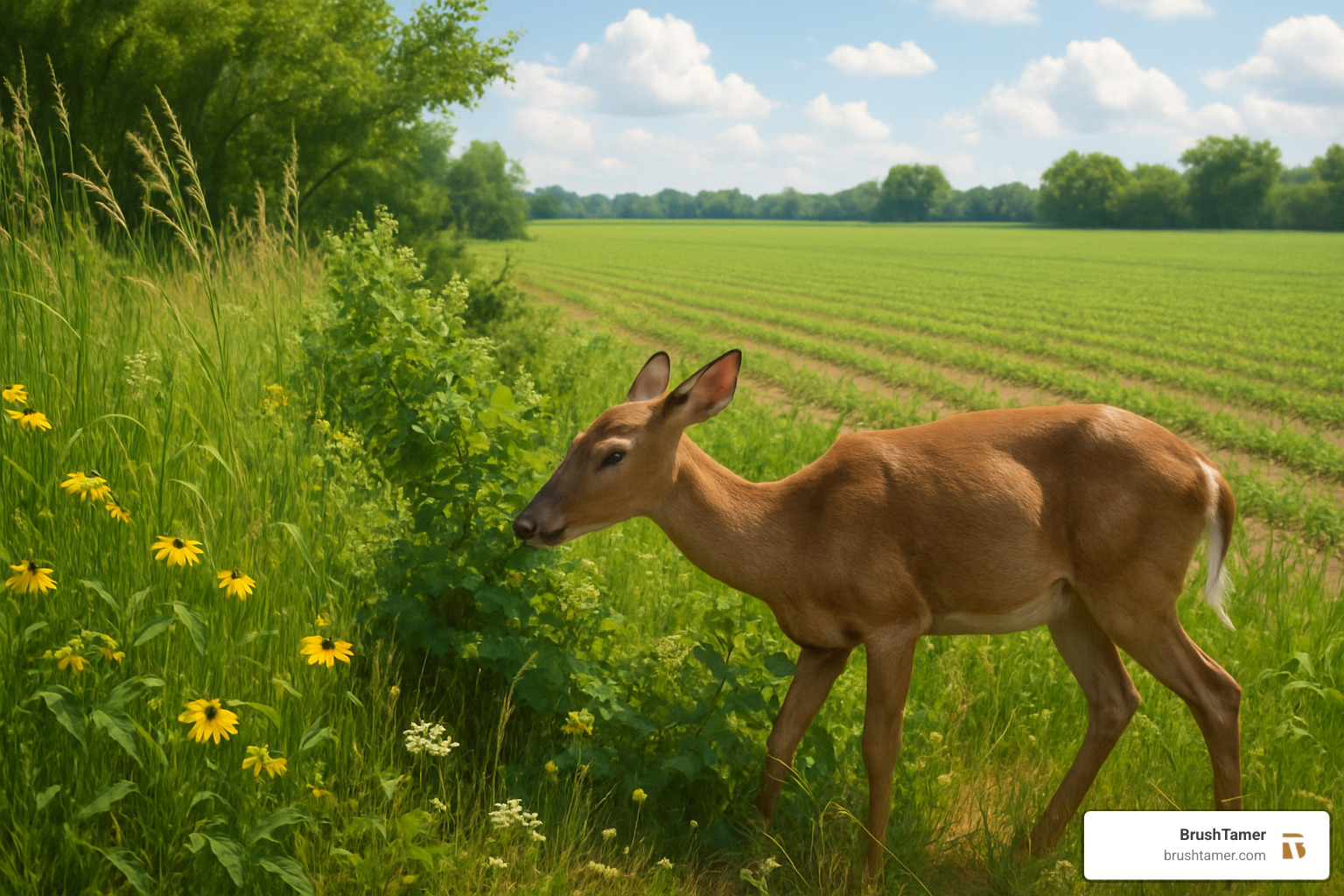 Deer browsing along a feathered field edge with mixed grasses and shrubs - Field edge maintenance Deer browsing along a feathered field edge with mixed grasses and shrubs - Field edge maintenance