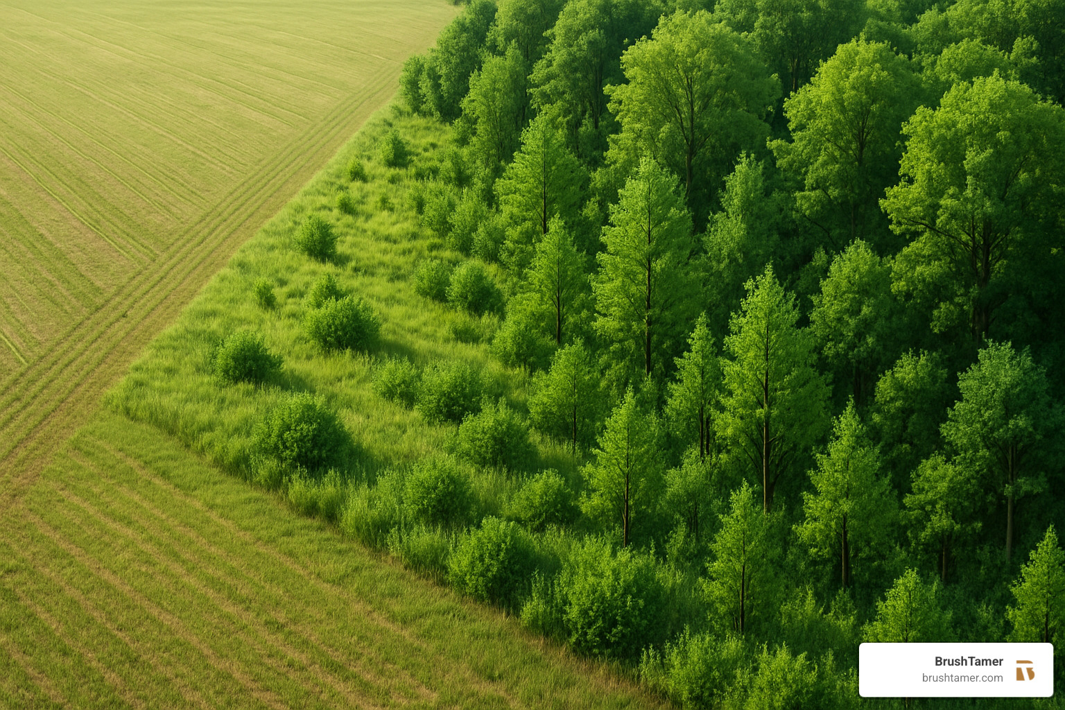 Stairstep effect of a feathered edge showing gradual transition from field to forest - Field edge maintenance Stairstep effect of a feathered edge showing gradual transition from field to forest - Field edge maintenance