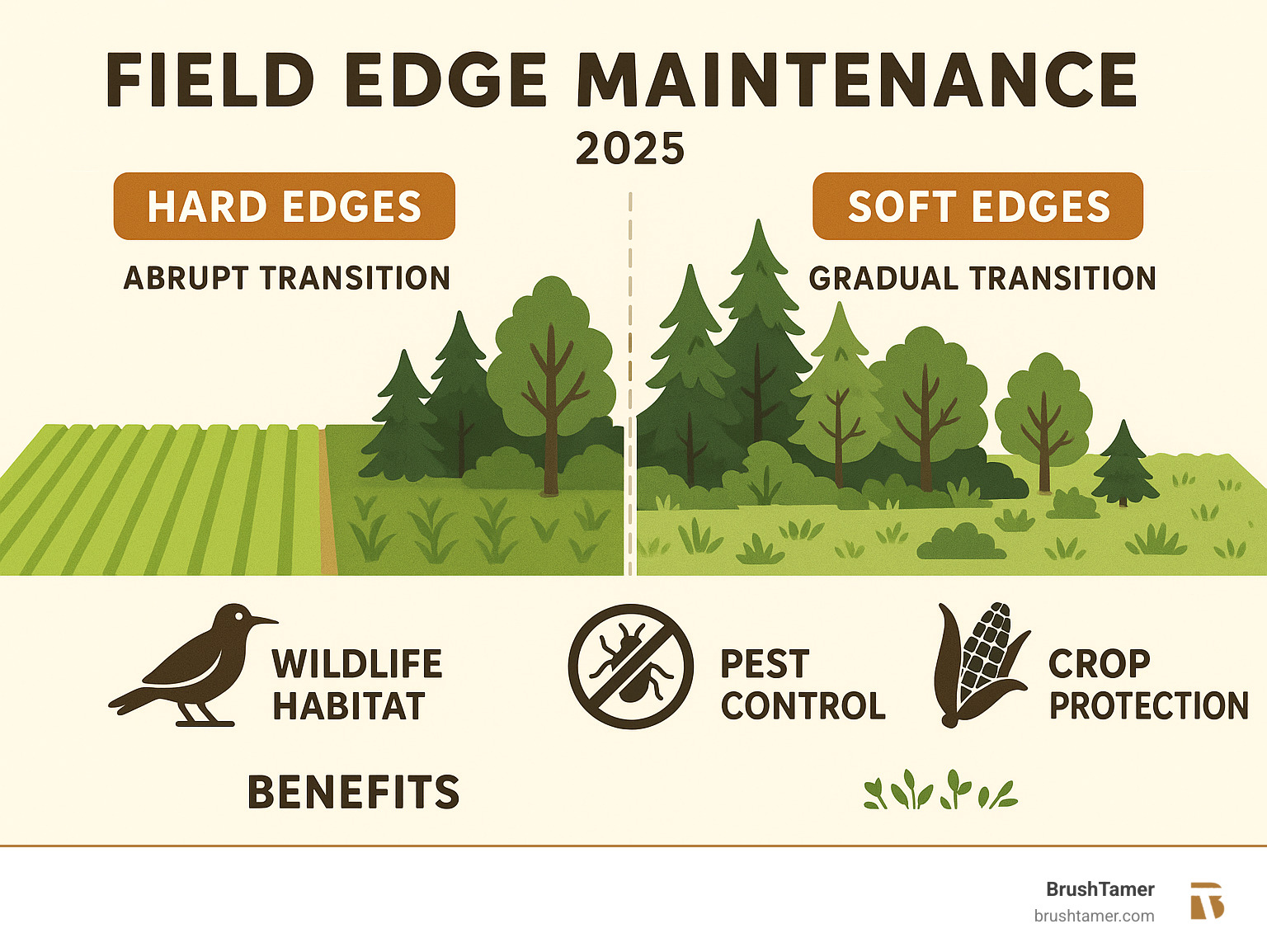 Infographic showing the difference between hard edges (abrupt transition from crop to forest) and soft edges (gradual transition with grasses, shrubs, and scattered trees) and their benefits for wildlife habitat, pest control, and crop protection - Field edge maintenance infographic  Infographic showing the difference between hard edges (abrupt transition from crop to forest) and soft edges (gradual transition with grasses, shrubs, and scattered trees) and their benefits for wildlife habitat, pest control, and crop protection - Field edge maintenance infographic