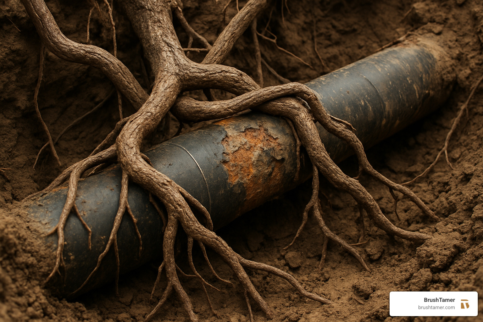 tree roots exposed near pipeline during maintenance showing potential damage to protective coating - pipeline right of way clearing tree roots exposed near pipeline during maintenance showing potential damage to protective coating - pipeline right of way clearing
