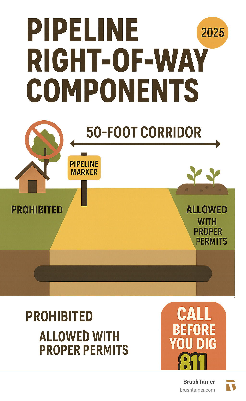 Infographic showing pipeline right-of-way components including the 50-foot corridor width, pipeline markers, prohibited activities like building structures or planting trees, allowed activities with proper permits, and the importance of calling 811 before digging - pipeline right of way clearing infographic  Infographic showing pipeline right-of-way components including the 50-foot corridor width, pipeline markers, prohibited activities like building structures or planting trees, allowed activities with proper permits, and the importance of calling 811 before digging - pipeline right of way clearing infographic