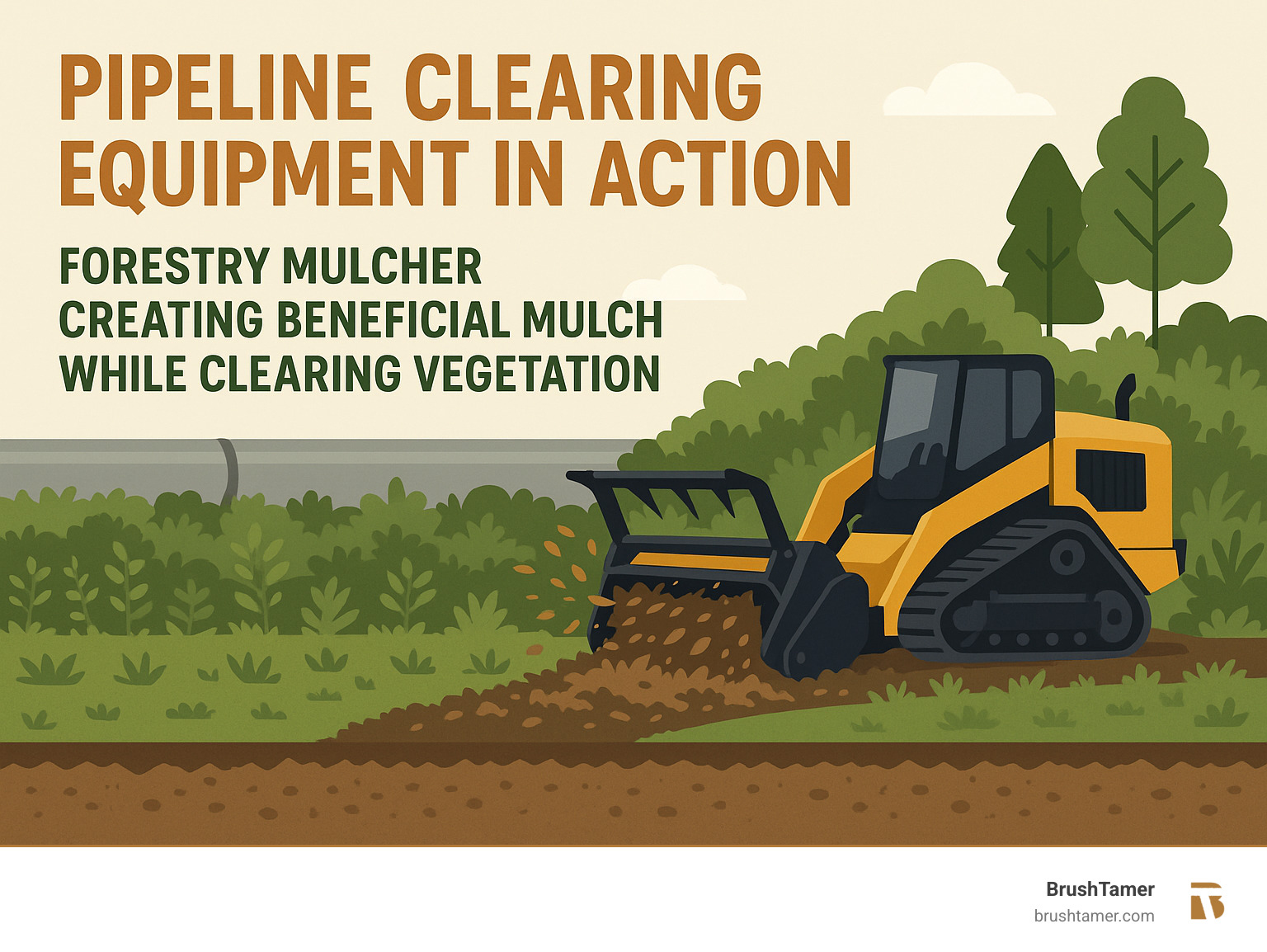 Pipeline clearing equipment in action showing forestry mulcher creating beneficial mulch while clearing vegetation - pipeline right of way clearing infographic  Pipeline clearing equipment in action showing forestry mulcher creating beneficial mulch while clearing vegetation - pipeline right of way clearing infographic