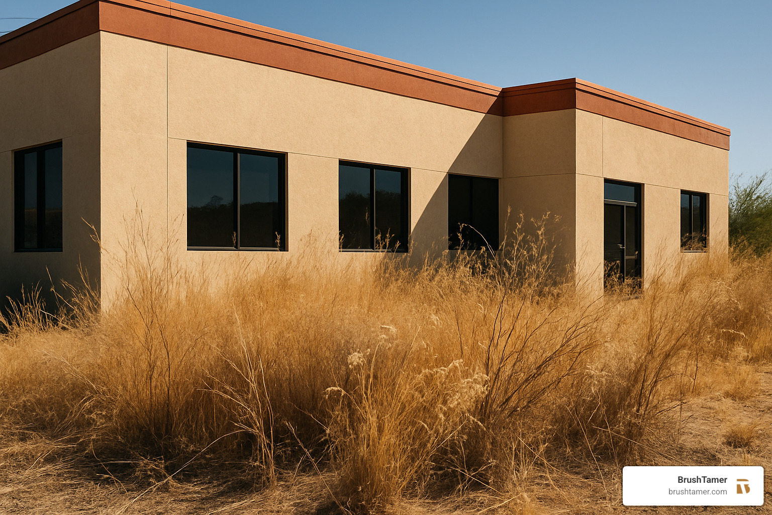 fire hazard near commercial building due to dry overgrown brush - commercial vegetation control fire hazard near commercial building due to dry overgrown brush - commercial vegetation control