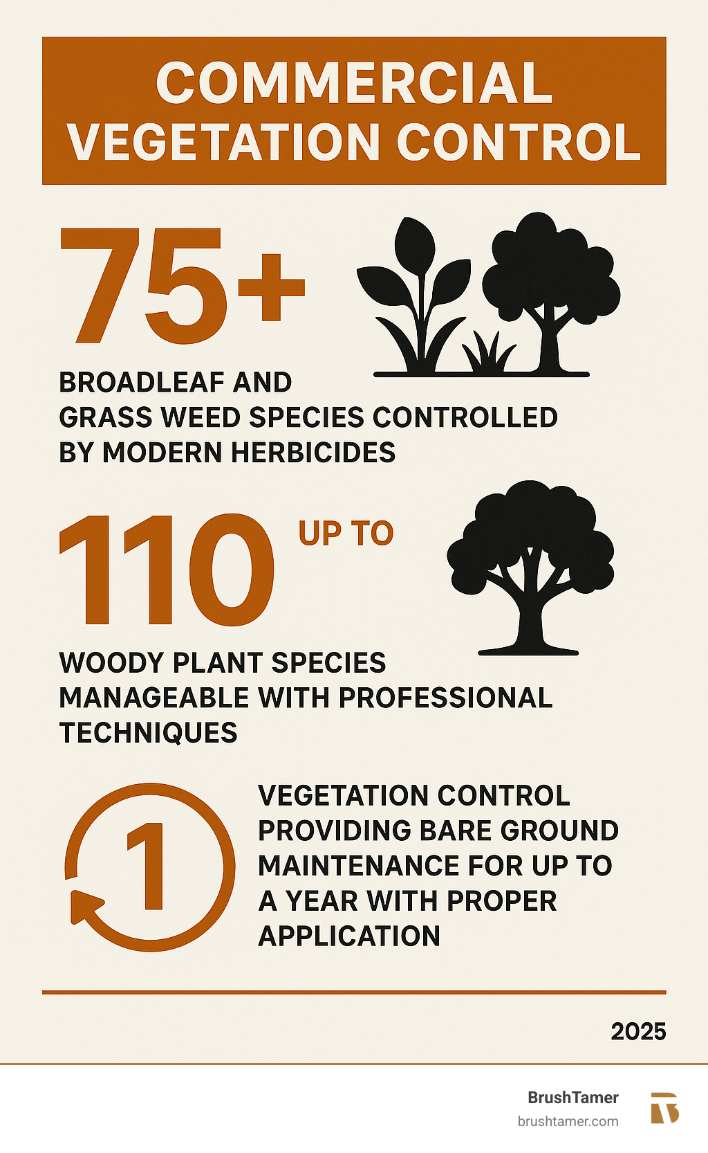 Infographic showing statistics: 75+ broadleaf and grass weed species controlled by modern herbicides, up to 110 woody plant species manageable with professional techniques, and vegetation control providing bare ground maintenance for up to a year with proper application - commercial vegetation control infographic  Infographic showing statistics: 75+ broadleaf and grass weed species controlled by modern herbicides, up to 110 woody plant species manageable with professional techniques, and vegetation control providing bare ground maintenance for up to a year with proper application - commercial vegetation control infographic