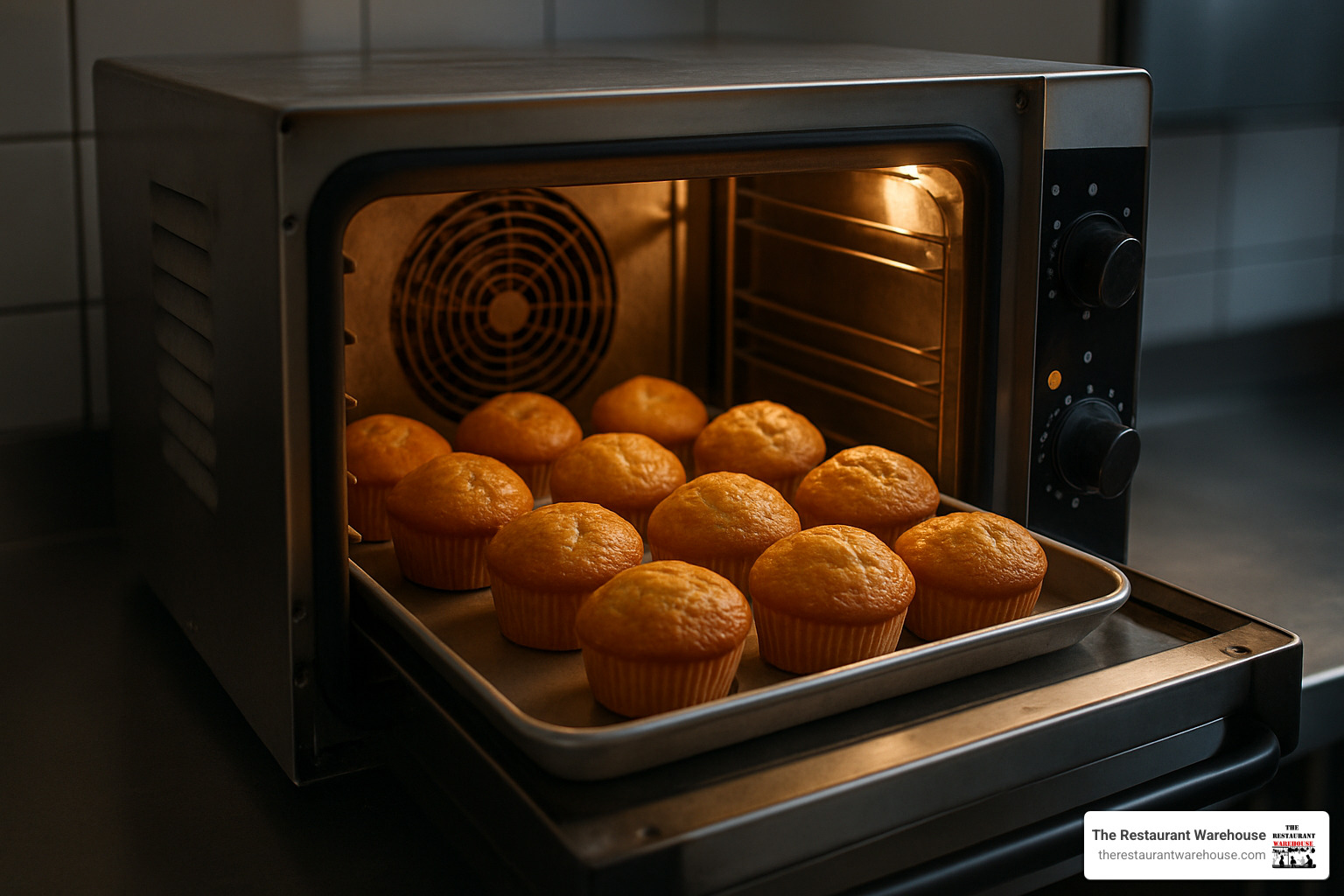 perfectly baked golden muffins in a commercial convection oven - small commercial convection oven