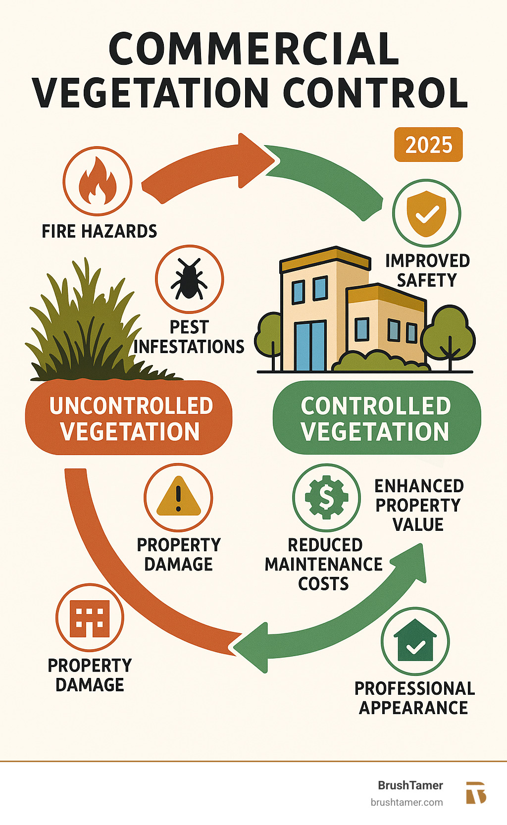 Infographic showing the cycle of uncontrolled vegetation leading to fire hazards, pest infestations, safety risks, and property damage versus controlled vegetation resulting in improved safety, improved property value, reduced maintenance costs, and professional appearance - commercial vegetation control infographic  Infographic showing the cycle of uncontrolled vegetation leading to fire hazards, pest infestations, safety risks, and property damage versus controlled vegetation resulting in improved safety, improved property value, reduced maintenance costs, and professional appearance - commercial vegetation control infographic