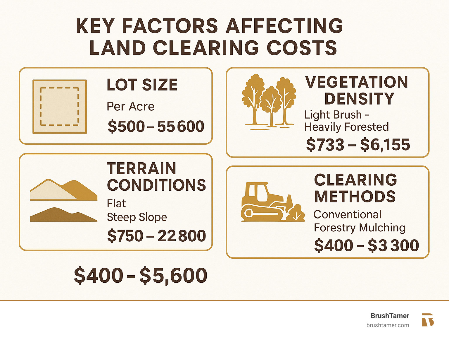 Infographic showing key factors affecting land clearing costs including lot size (measured in acres), vegetation density (light brush to heavily forested), terrain conditions (flat to steep slopes), and clearing methods (conventional vs forestry mulching) with corresponding cost ranges for each factor - cost to clear land for house infographic  Infographic showing key factors affecting land clearing costs including lot size (measured in acres), vegetation density (light brush to heavily forested), terrain conditions (flat to steep slopes), and clearing methods (conventional vs forestry mulching) with corresponding cost ranges for each factor - cost to clear land for house infographic