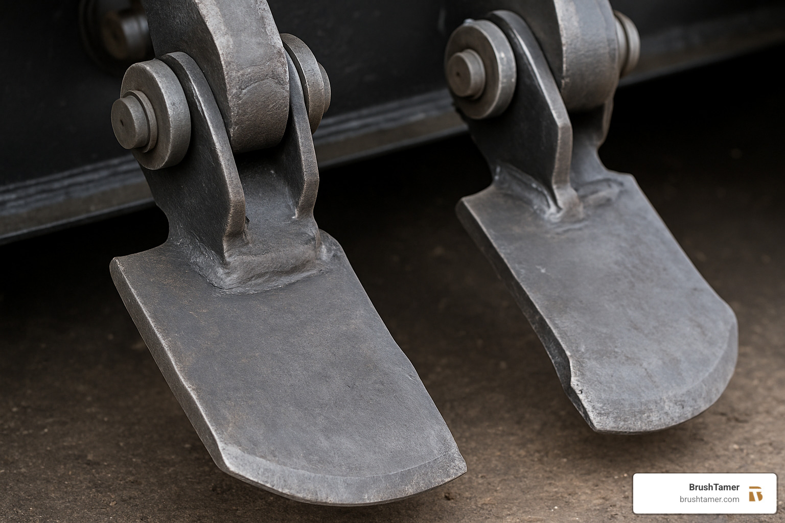 Close-up view of heavy, hinged brush hog blades showing their thick steel construction and hinged attachment system - brush hogging Close-up view of heavy, hinged brush hog blades showing their thick steel construction and hinged attachment system - brush hogging