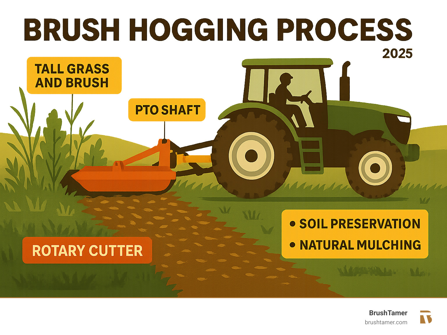 Infographic showing brush hogging process: a tractor with PTO shaft connected to rotary cutter attachment, cutting through tall grass and brush while leaving mulched material on ground, with labels for key components and benefits including soil preservation and natural mulching - brush hogging infographic Infographic showing brush hogging process: a tractor with PTO shaft connected to rotary cutter attachment, cutting through tall grass and brush while leaving mulched material on ground, with labels for key components and benefits including soil preservation and natural mulching - brush hogging infographic