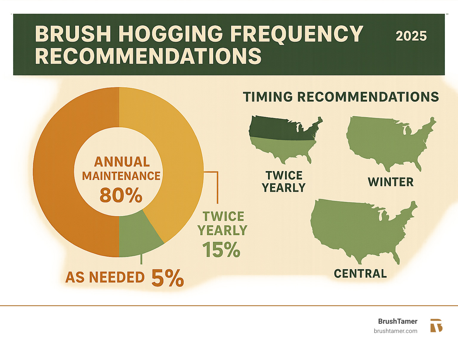 Statistical infographic showing brush hogging frequency recommendations: Annual maintenance for 80% of properties, twice yearly for 15% of high-growth areas, and as-needed for 5% of specialized habitats, with timing recommendations for different regions - brush hogging infographic Statistical infographic showing brush hogging frequency recommendations: Annual maintenance for 80% of properties, twice yearly for 15% of high-growth areas, and as-needed for 5% of specialized habitats, with timing recommendations for different regions - brush hogging infographic