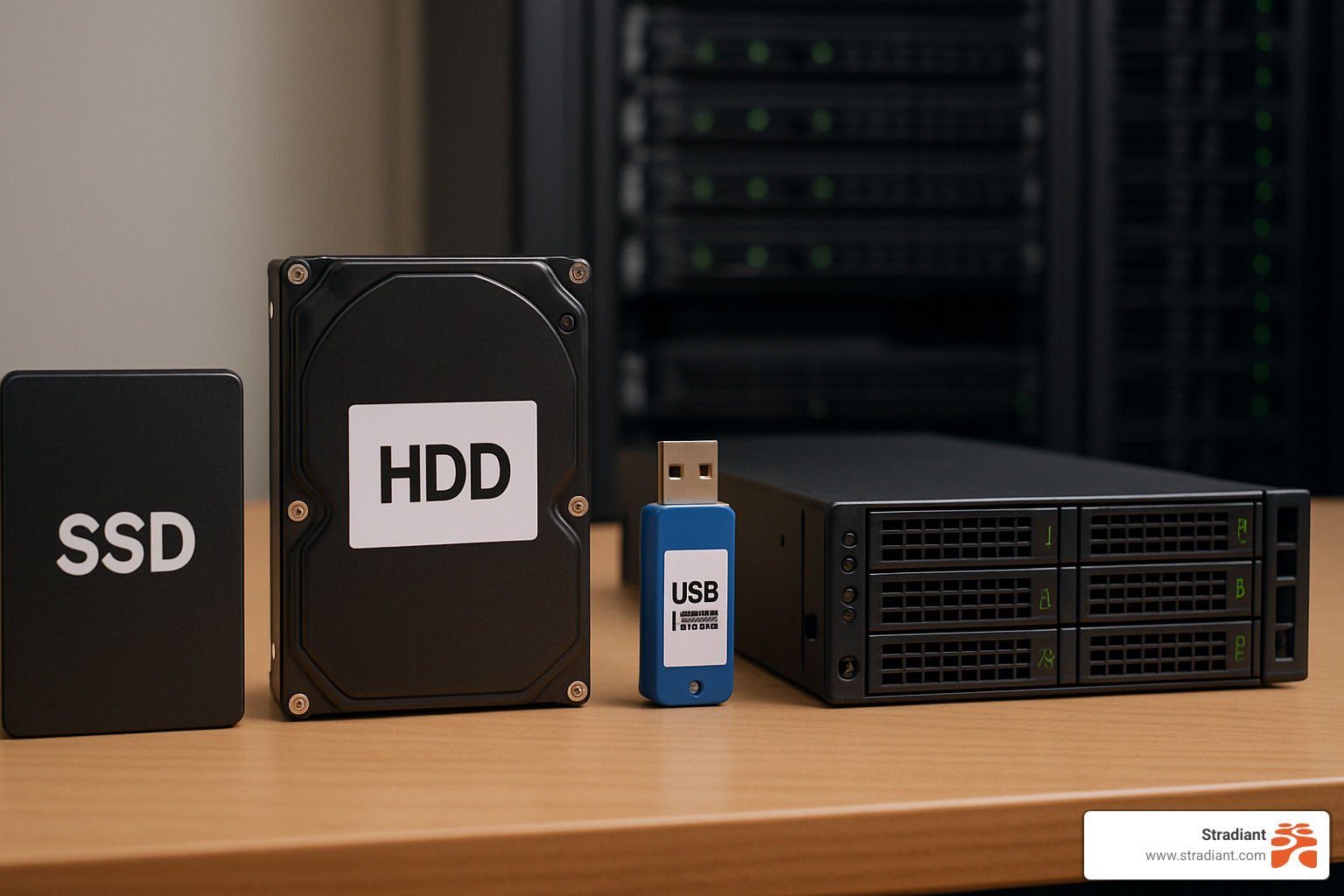 Various storage devices including SSD, HDD, USB drive, and server rack arranged on a desk - data recovery service near me