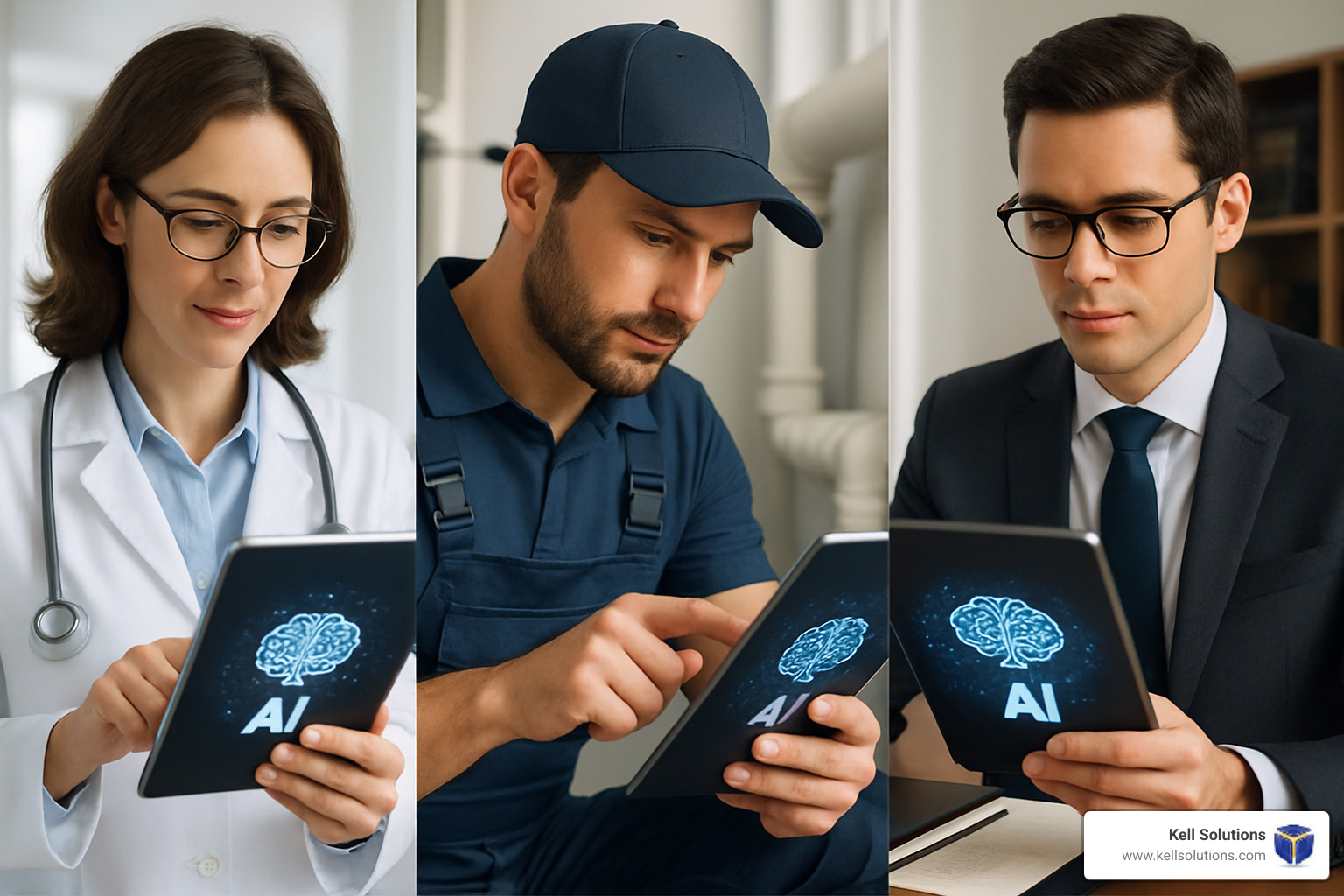 Collage showing different professionals (doctor, plumber, lawyer) using a tablet with an AI interface - AI answering service for business