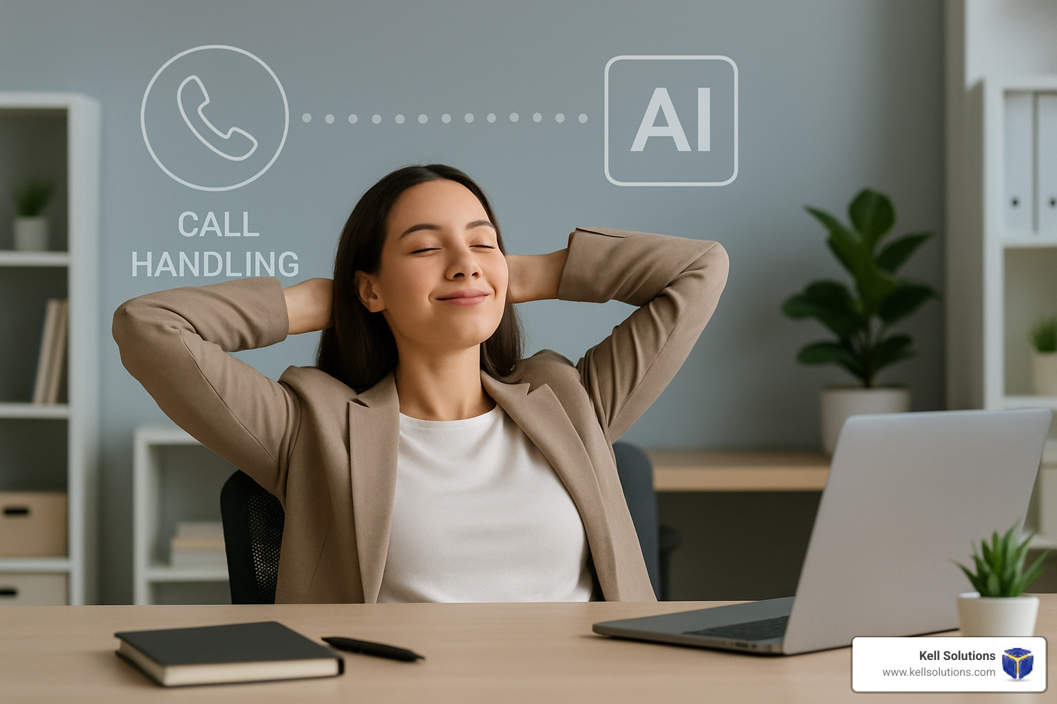 Business owner looking relaxed while an AI handles calls in the background - AI answering service for business
