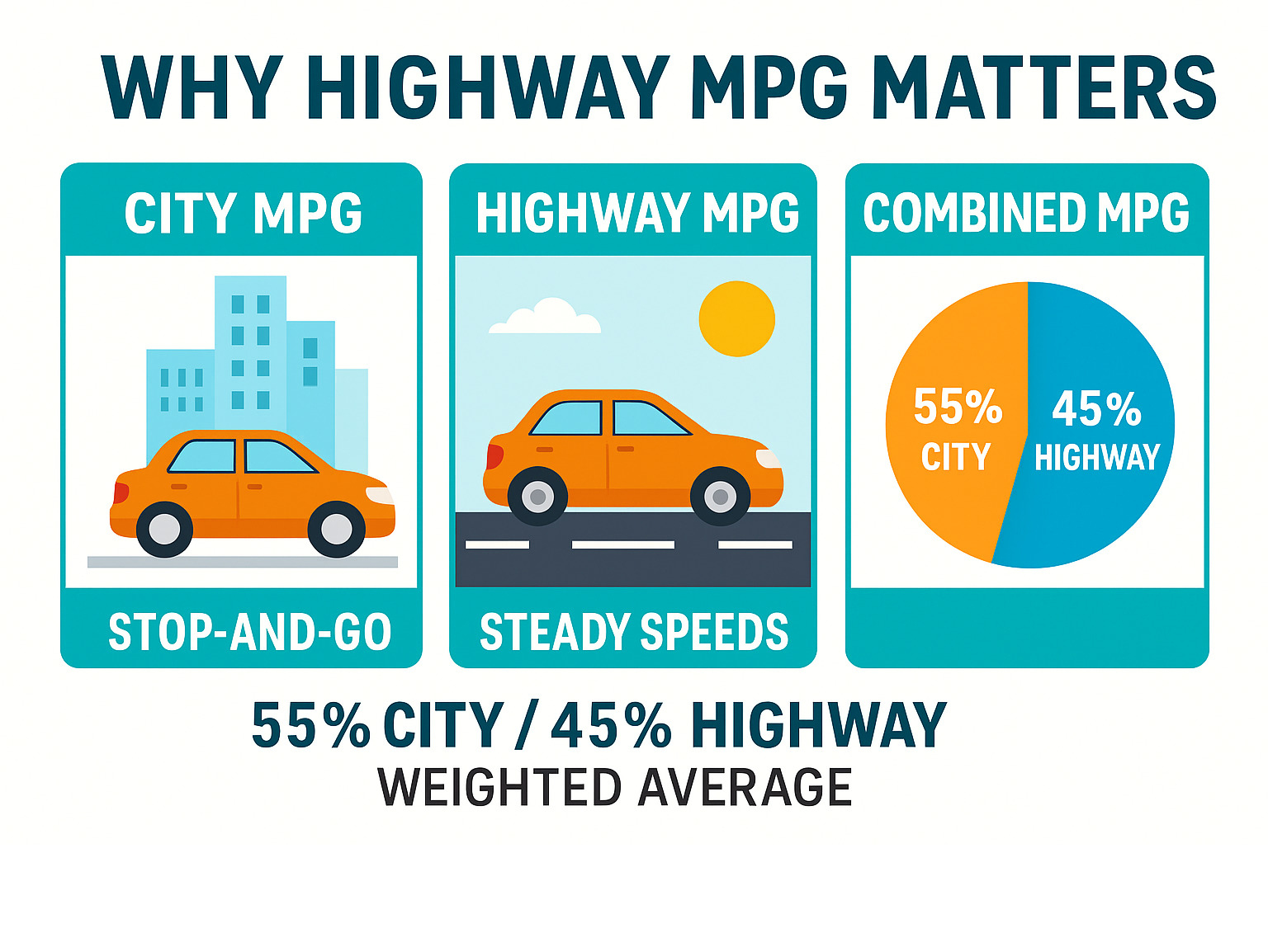 Infographic showing the difference between City MPG (stop-and-go traffic with frequent acceleration and braking), Highway MPG (steady speeds of 55-70 mph), and Combined MPG (weighted average of 55% city and 45% highway driving) - best highway gas mileage car infographic 