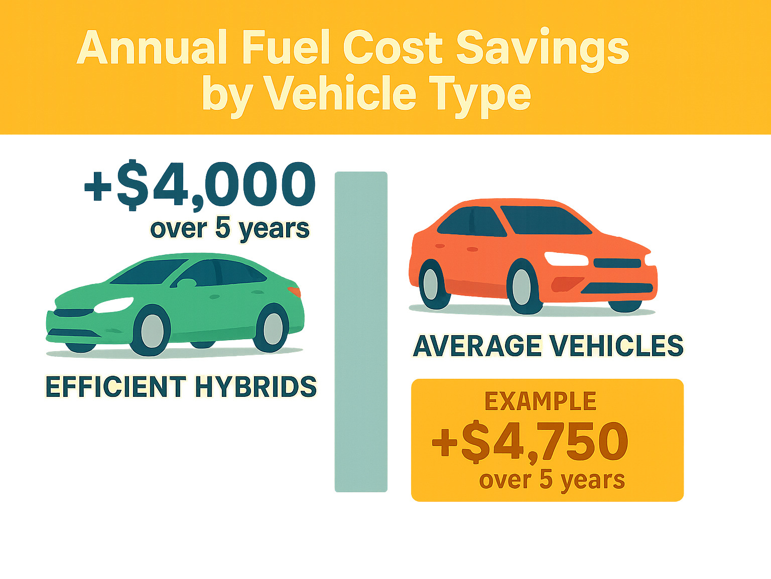Infographic showing annual fuel cost savings comparison between different vehicle types: efficient hybrids saving $4,000+ over 5 years compared to average vehicles, with specific examples like the Toyota Prius saving $4,750 over 5 years - best highway gas mileage car infographic 
