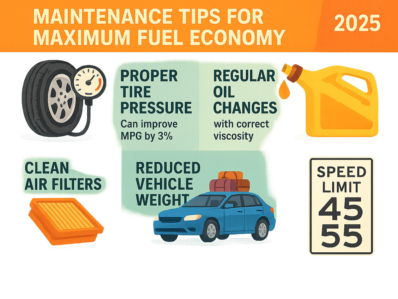 Infographic showing maintenance tips for maximum fuel economy: proper tire pressure (can improve MPG by 3%), regular oil changes with correct viscosity, clean air filters, reduced vehicle weight, and optimal driving speeds of 45-55 mph - best highway gas mileage car infographic 