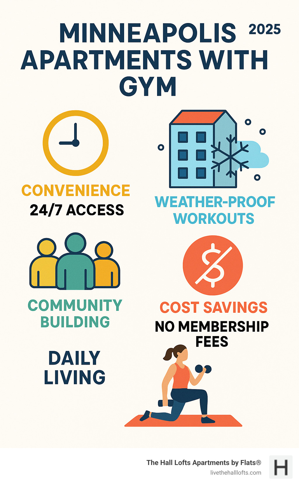 Infographic showing apartment gym benefits: convenience with 24/7 access, weather protection during Minneapolis winters, community building opportunities, and integration with daily living routines - Minneapolis apartments with gym infographic 