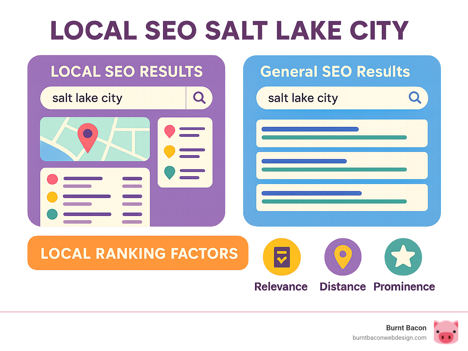 Infographic showing the difference between Local SEO results (map pack with 3 local businesses) and General SEO results (traditional blue links) for a Salt Lake City search query, highlighting local ranking factors like relevance, distance, and prominence - local seo salt lake city infographic Infographic showing the difference between Local SEO results (map pack with 3 local businesses) and General SEO results (traditional blue links) for a Salt Lake City search query, highlighting local ranking factors like relevance, distance, and prominence - local seo salt lake city infographic