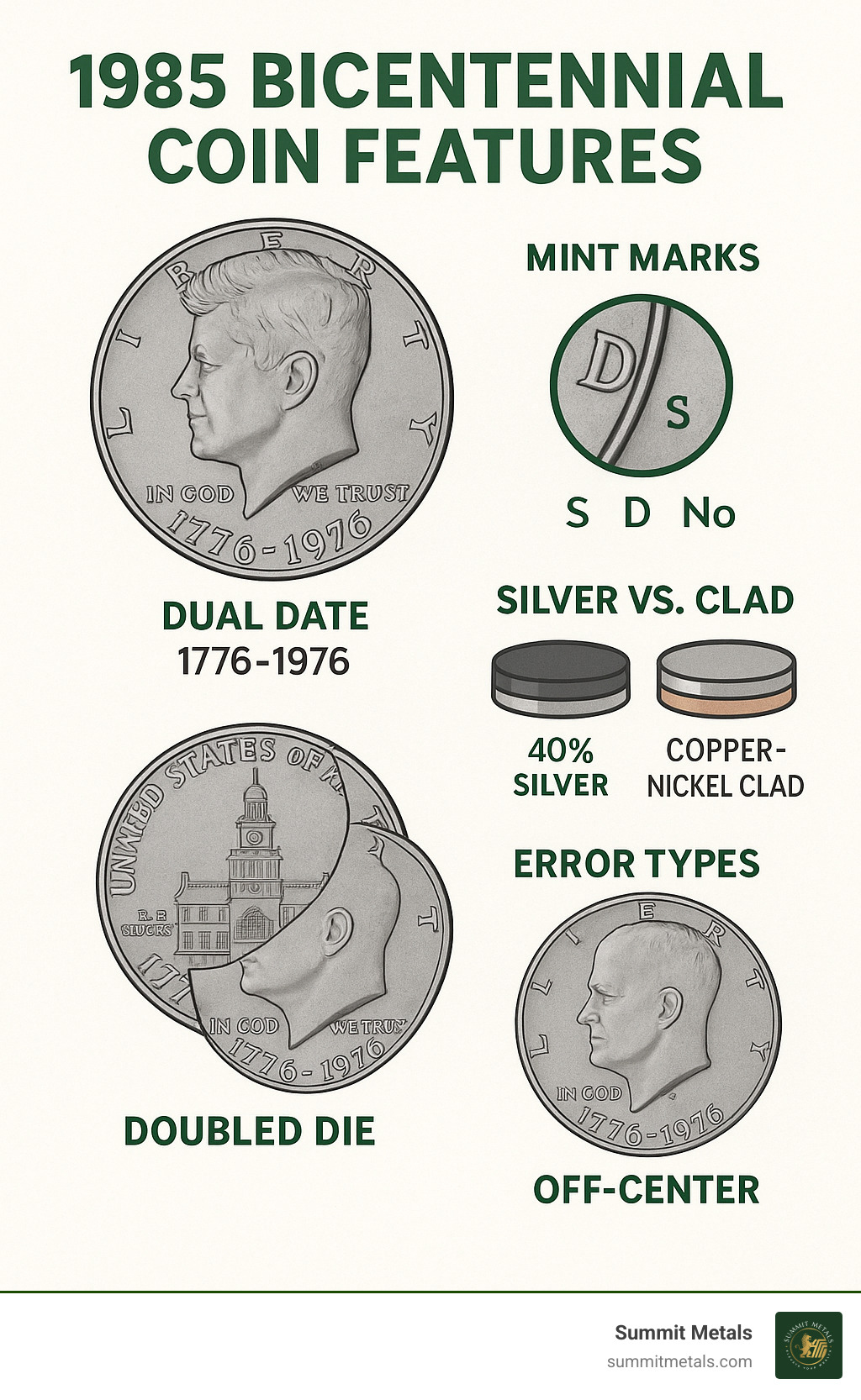infographic showing Bicentennial coin features including mint marks, silver vs. clad identification, and error types - half dollar coin value infographic 