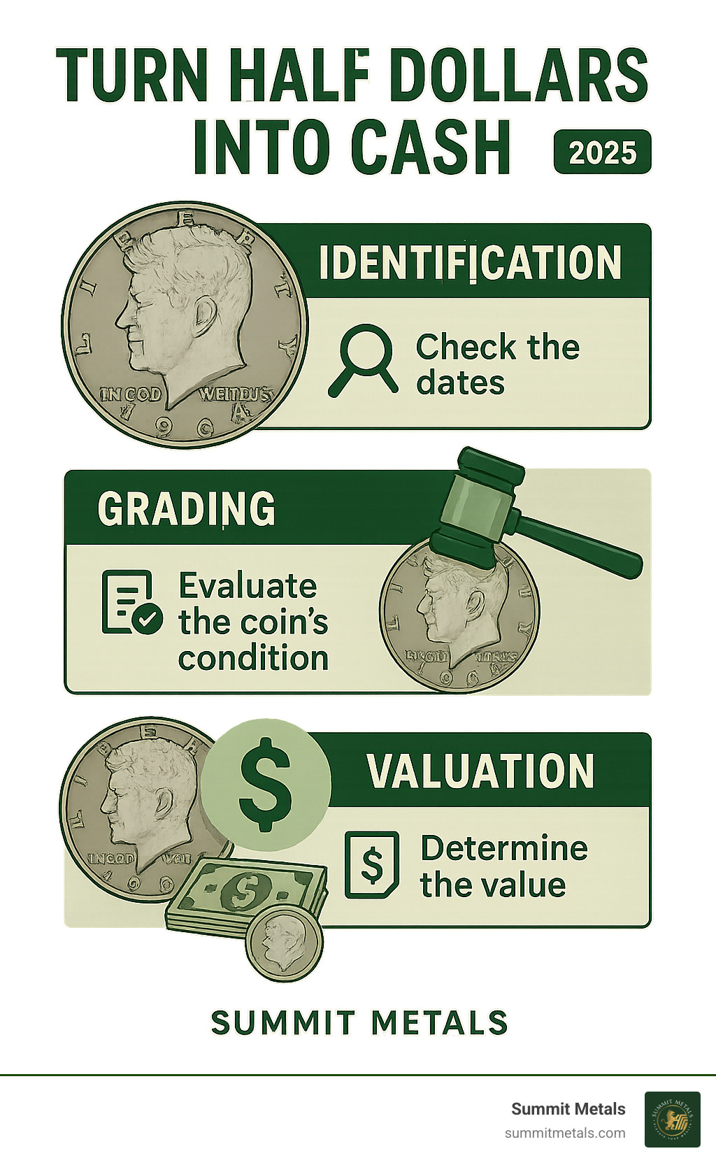 infographic summarizing steps to turn half dollars into cash including identification, grading, valuation, and selling options - half dollar coin value infographic 