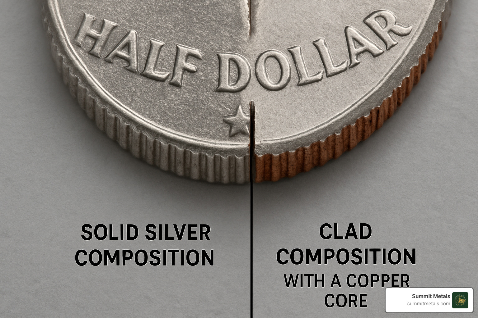 coin edge showing silver vs. clad composition with clear visual difference - half dollar coin value