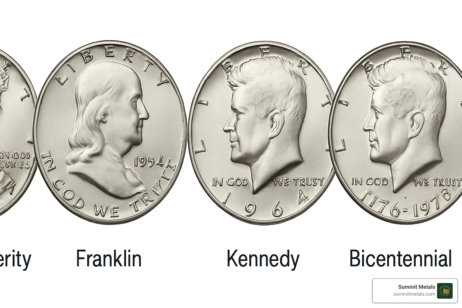 different half dollar designs showing Walking Liberty, Franklin, Kennedy, and Bicentennial varieties - half dollar coin value