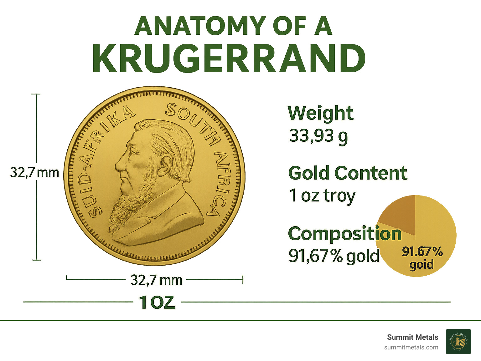 Infographic showing Krugerrand anatomy with dimensions, weight, gold content, and composition breakdown - Krugerrand market price infographic 