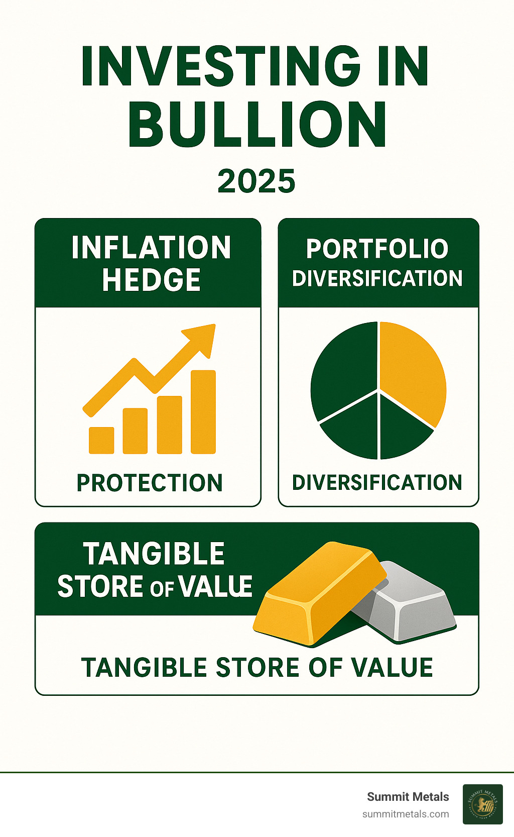 Comprehensive infographic showing three pillars of bullion investing success: inflation hedge protection with rising price arrows, portfolio diversification with balanced asset allocation pie chart, and tangible store of value with physical gold and silver bars - investing in bullion infographic
