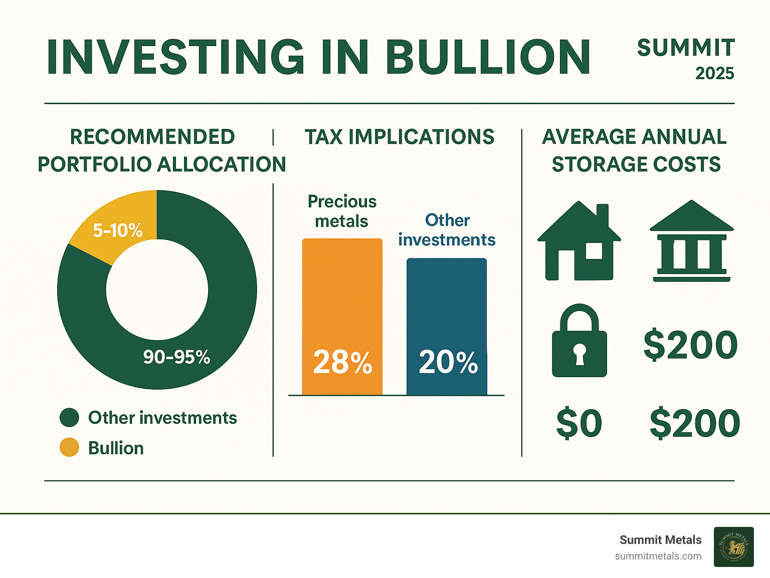 Statistical breakdown showing recommended portfolio allocation percentages for bullion investment, tax implications comparison chart between precious metals and other investments, and average annual storage costs for different security options - investing in bullion infographic