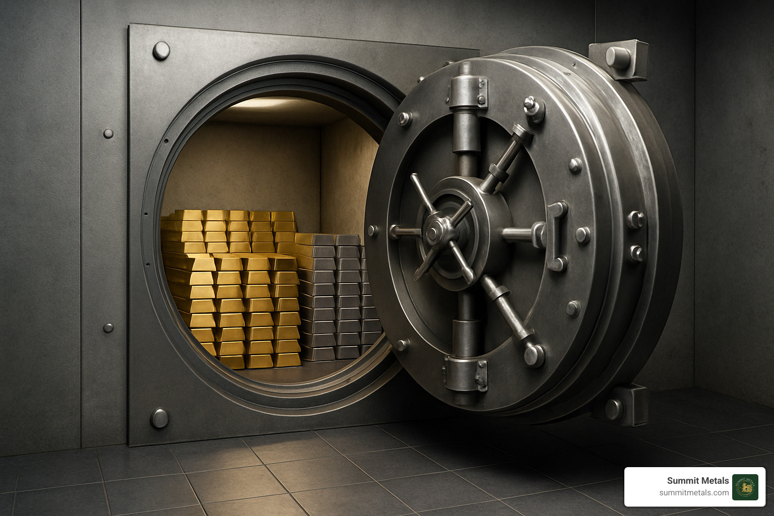 high-security vault door slightly ajar, showing stacks of bullion inside - investing in bullion