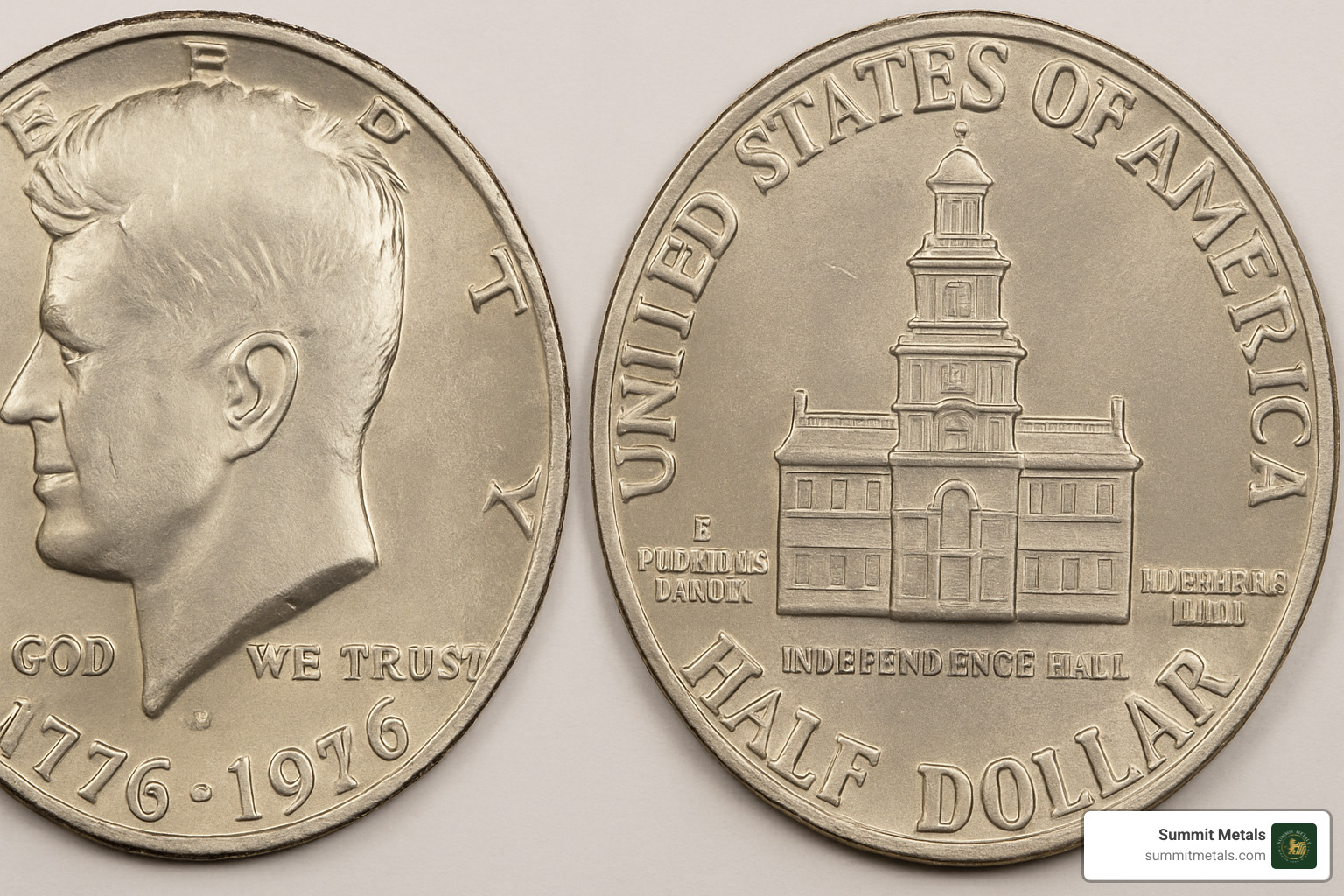Bicentennial half dollar showing Independence Hall design and dual date - half dollar coin value