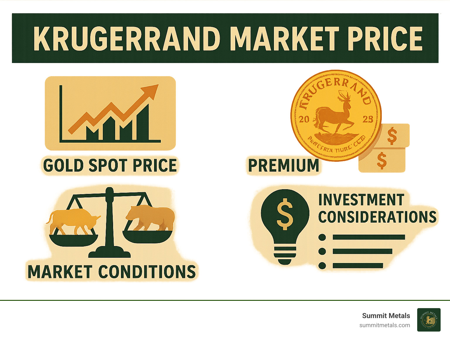 Infographic summarizing key Krugerrand pricing factors including gold spot price, premium components, market conditions, and investment considerations - Krugerrand market price infographic 