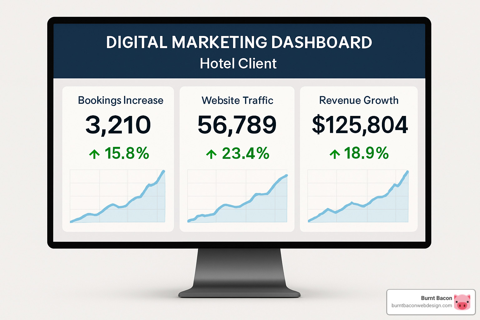 Digital marketing dashboard showing positive results for a hotel client with metrics like booking increases, website traffic, and revenue growth - Hospitality marketing agency