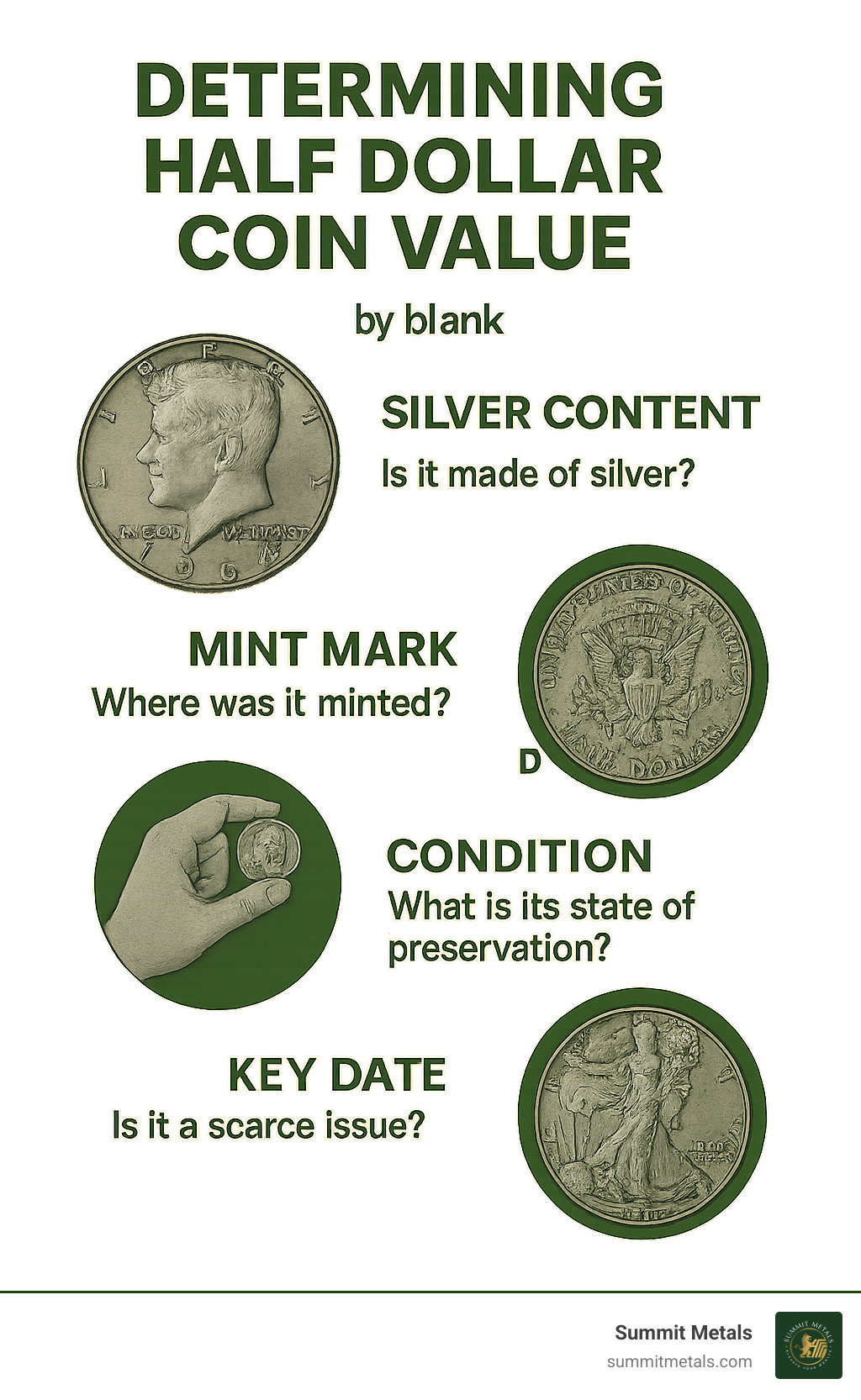 infographic showing half dollar coin value determination process including silver content check, mint mark identification, condition assessment, and key date recognition - half dollar coin value infographic 