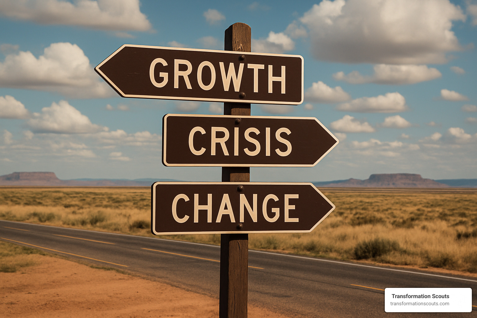 signpost at a crossroads pointing to "Growth," "Crisis," and "Change" - executive interim management