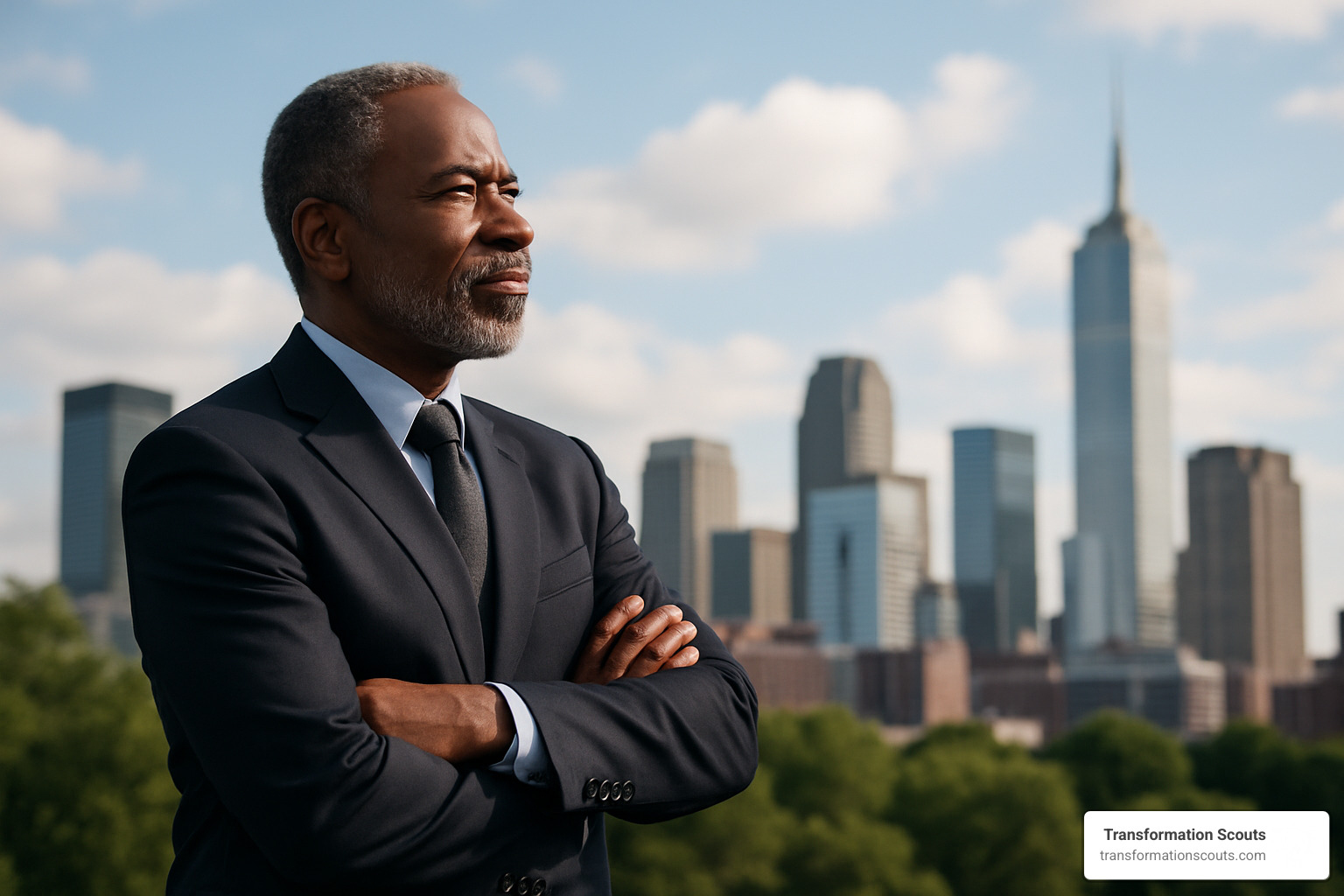 confident and experienced executive leader looking at a city skyline - executive interim management