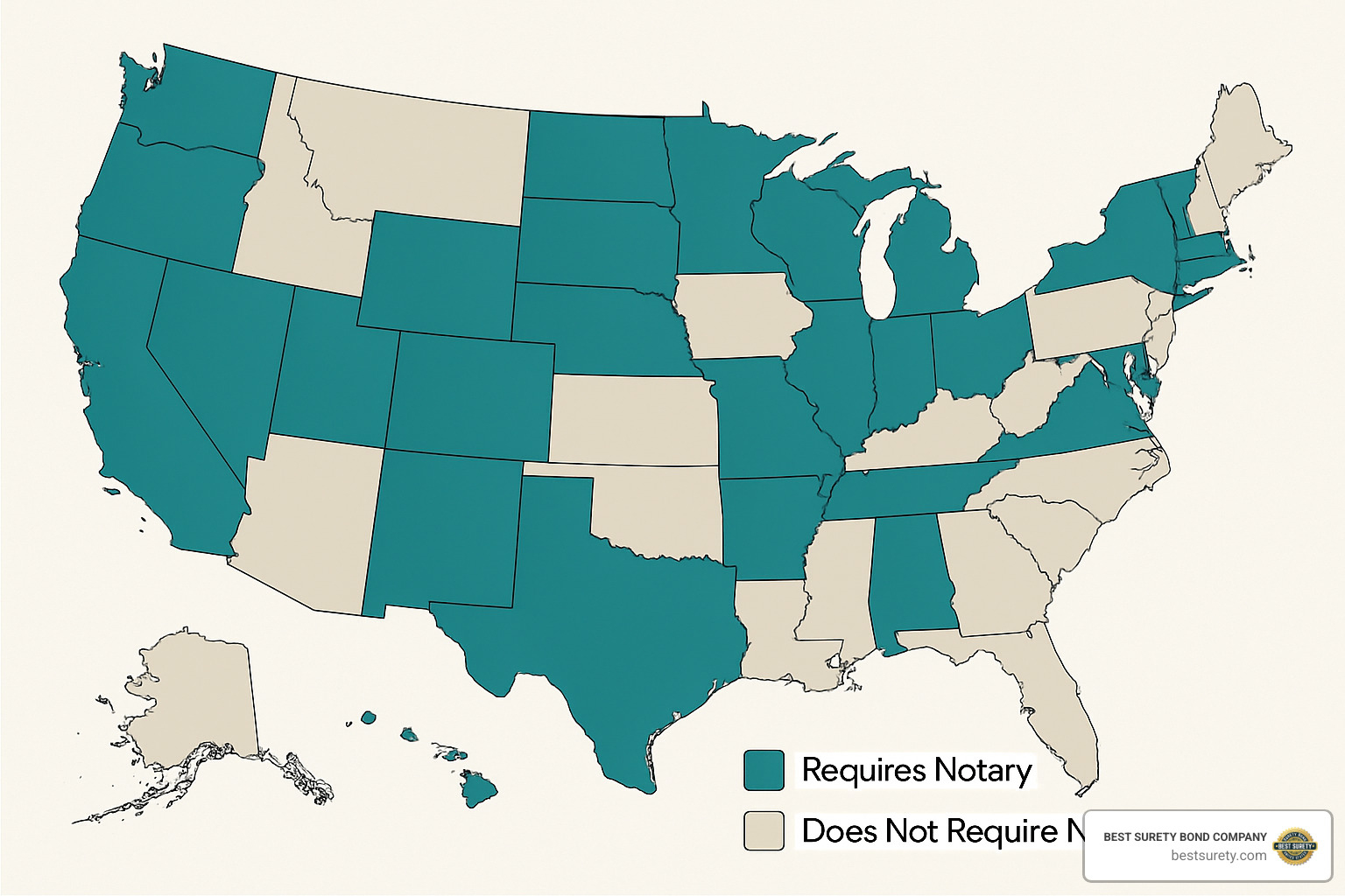 map of United States highlighting states requiring notary bonds - buy notary bond