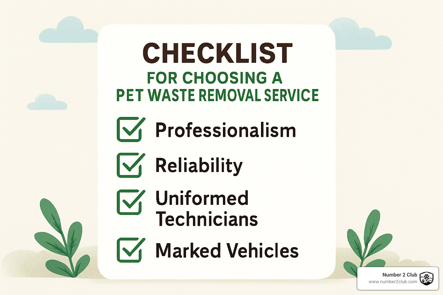 Checklist showing criteria for selecting a quality pet waste removal service provider - pet waste removal prices