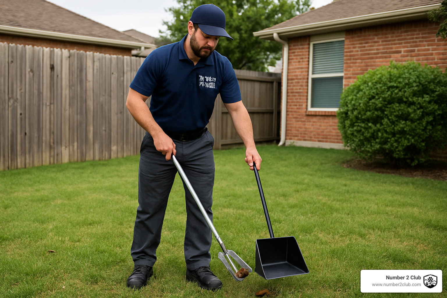Professional pet waste removal technician in uniform cleaning a residential backyard - pet waste removal prices