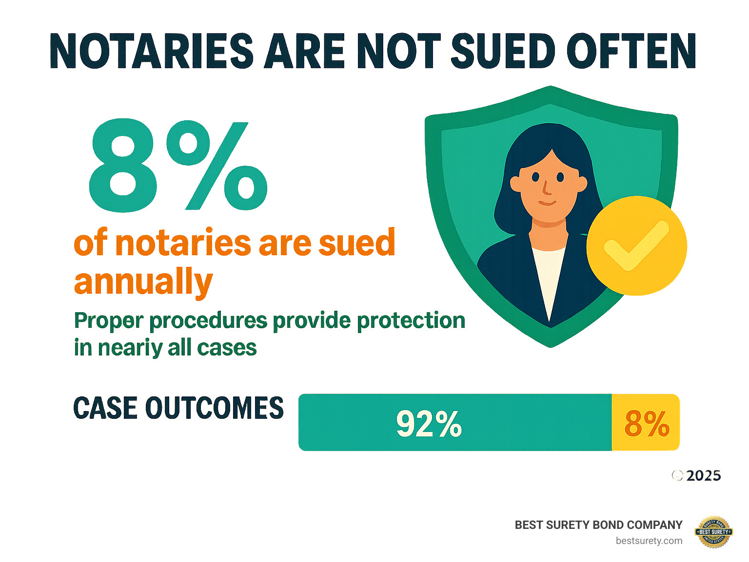 Statistics showing that notaries are not sued often, with proper procedures providing protection in almost all cases - buy notary bond infographic 