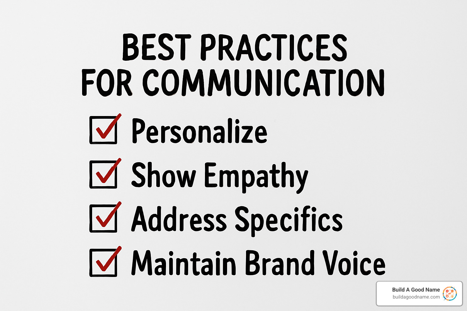 Checklist showing best practices including personalize, show empathy, address specifics, and maintain brand voice - ai review replies