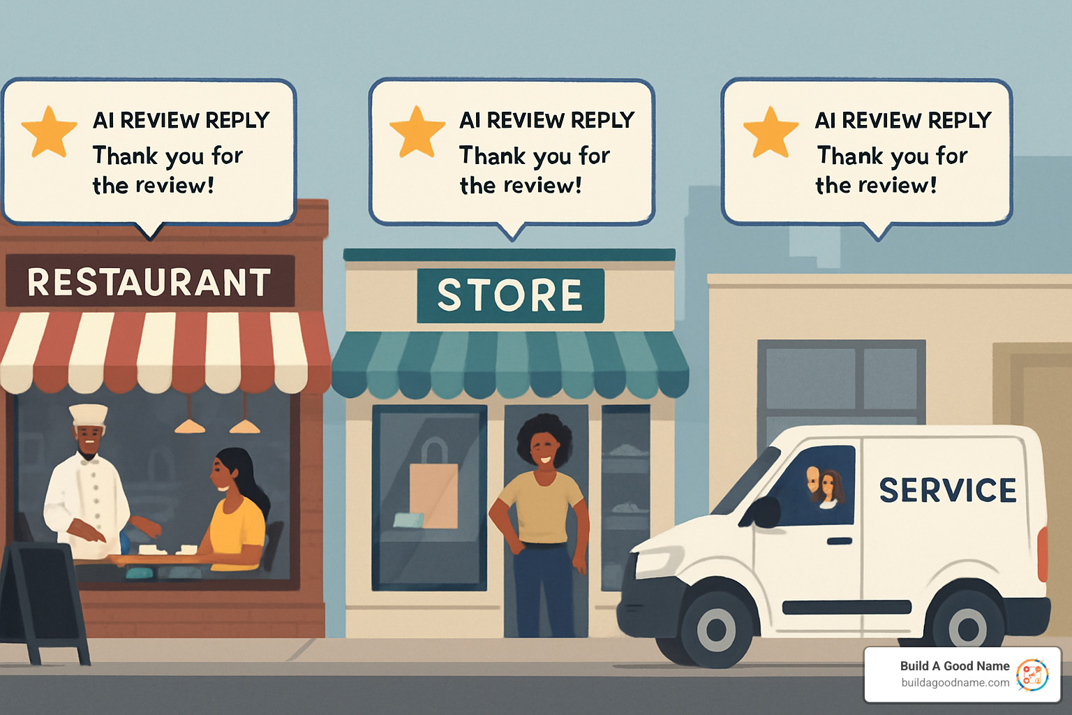 Different business types including restaurant, retail store, and service van showing diverse applications of AI review replies - ai review replies