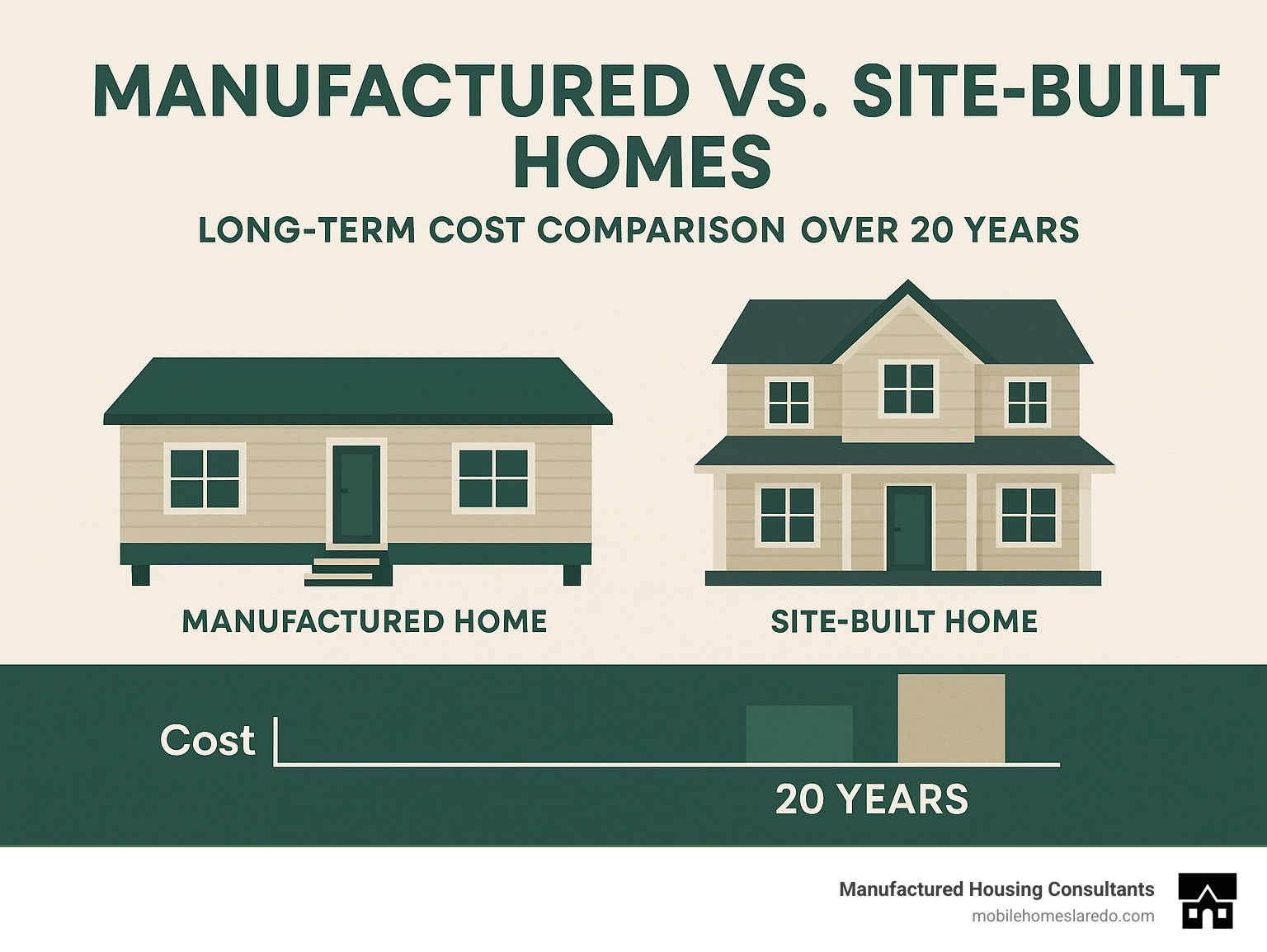 Infographic showing long-term cost comparison between manufactured and site-built homes over 20 years - best trailer home manufacturer infographic  Infographic showing long-term cost comparison between manufactured and site-built homes over 20 years - best trailer home manufacturer infographic