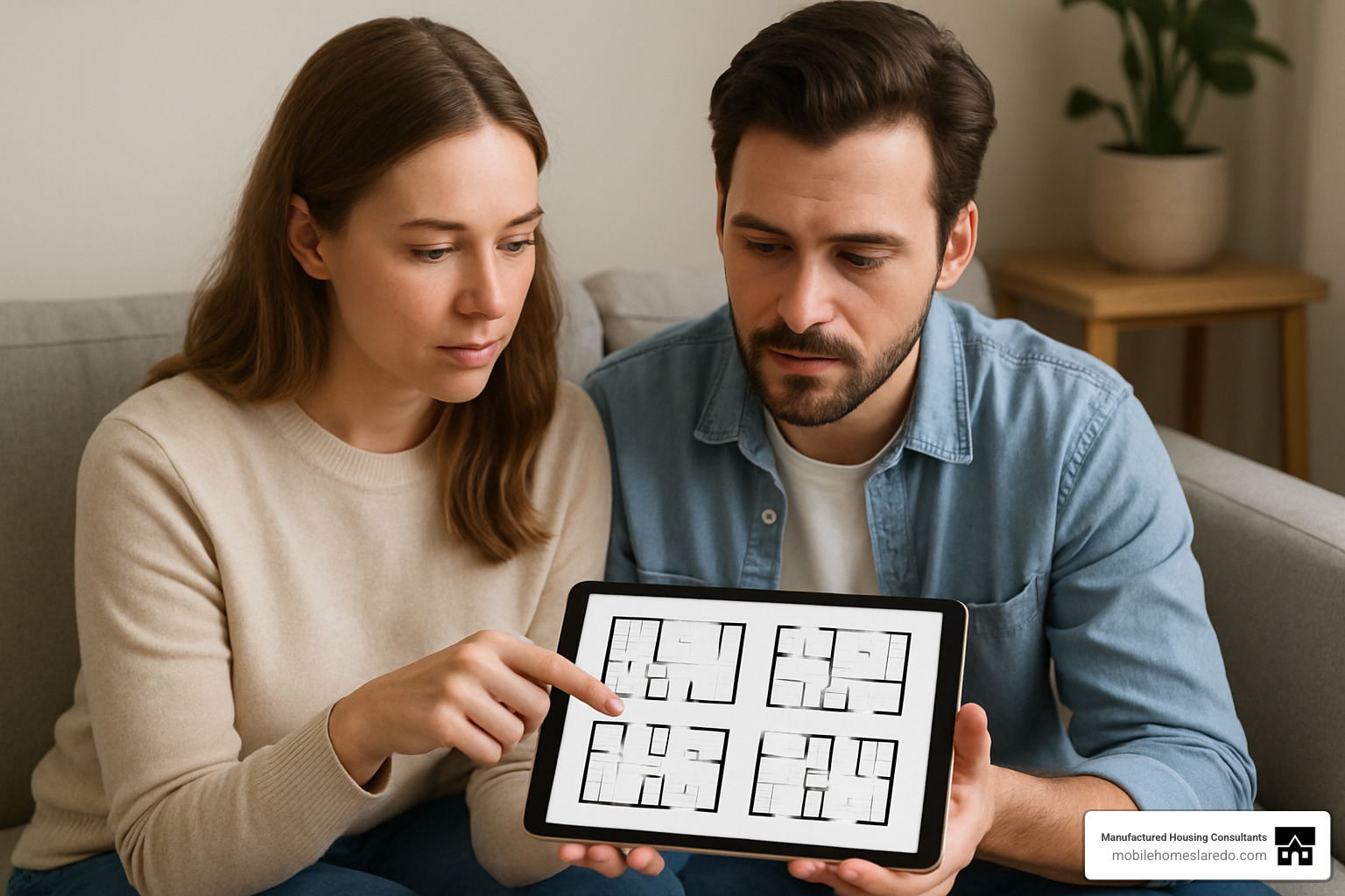 couple reviewing floor plan options on tablet - best trailer home manufacturer couple reviewing floor plan options on tablet - best trailer home manufacturer