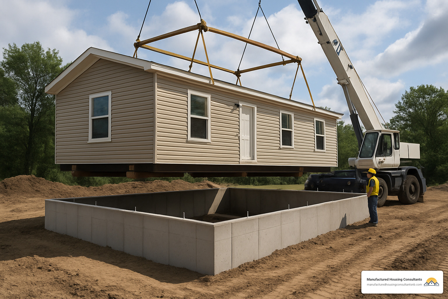 manufactured home being installed on a permanent concrete foundation - financing options for mobile homes