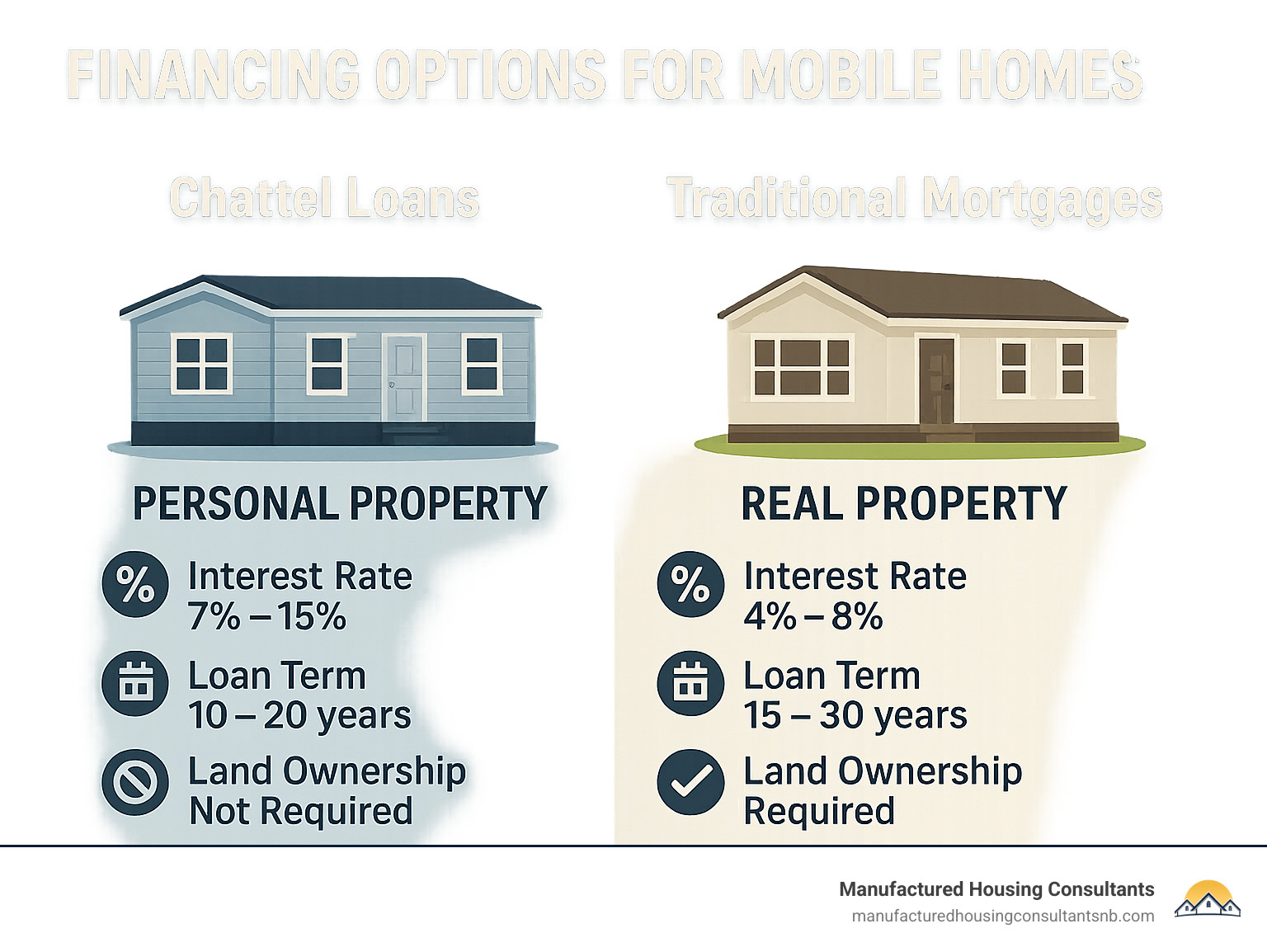 Infographic showing the difference between chattel loans for personal property mobile homes versus traditional mortgages for real property manufactured homes, including interest rate ranges, loan terms, and land ownership requirements - financing options for mobile homes infographic 
