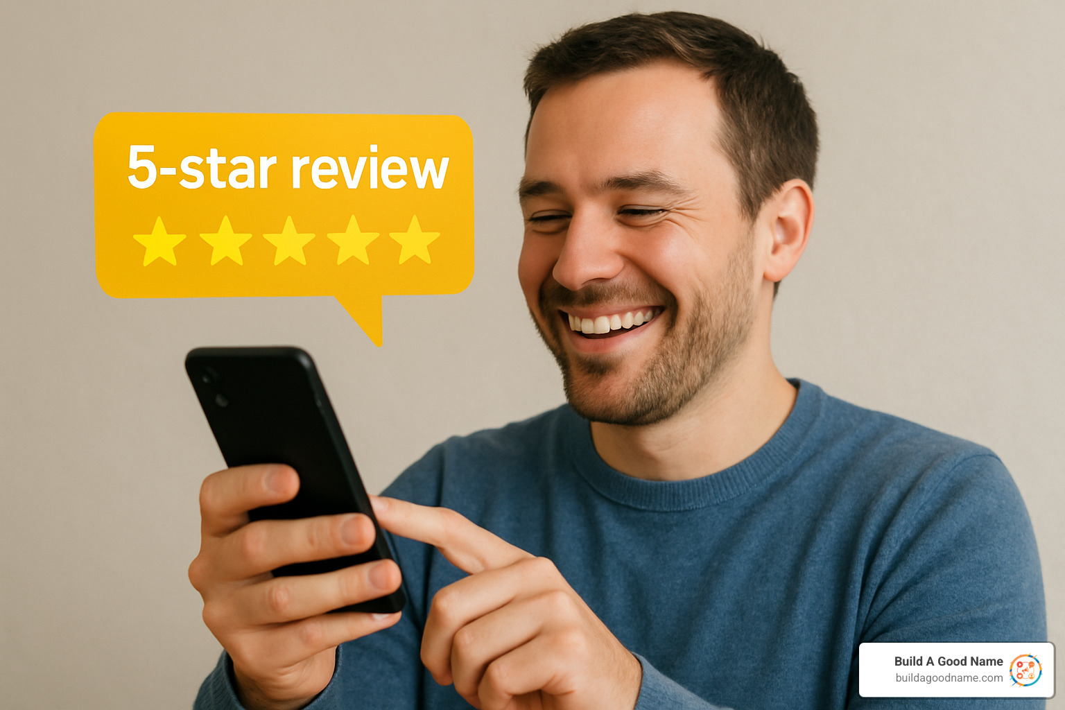 Happy customer leaving a 5-star review on their smartphone with a satisfied expression - customer feedback management